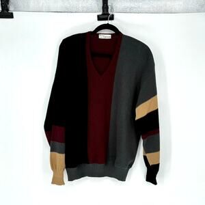 Vtg Carven Men's Navy Gray & Wine Color Block Wool Blend Sweater - Size L